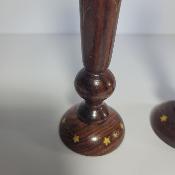 Pair Etched Wood Candlesticks 8" Thin, stars, swirls Made In India Vintage MCM - Picture 3 of 8